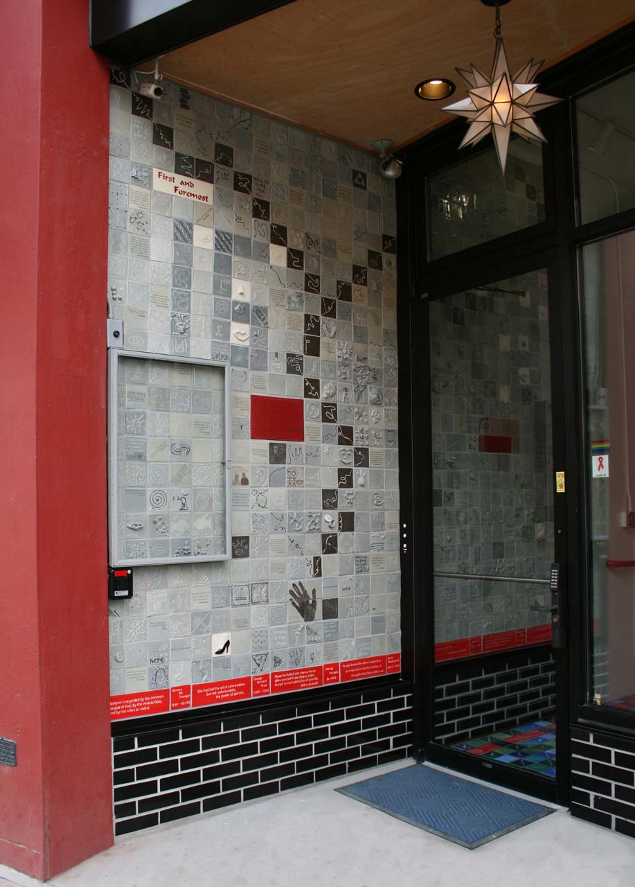 handmade tiles next to front door of Covington Clay