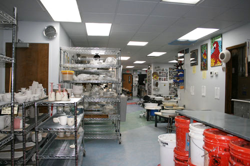 A view of the pottery studio from the glazing area